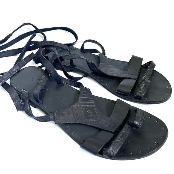 Free People Lace Up Gladiator Leather Sandals Black Size 38 - Picture 4 of 13